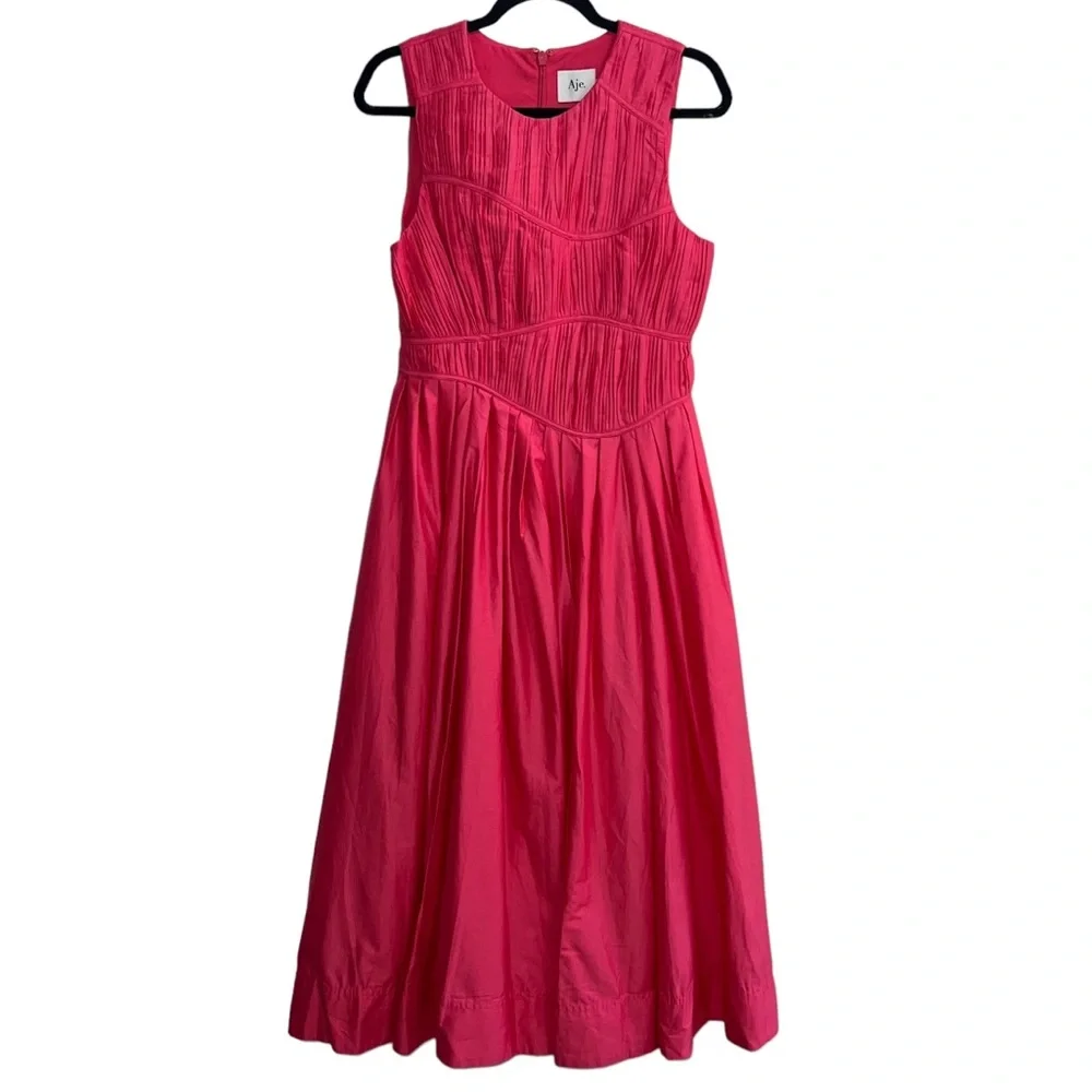 NEW NWT Aje. Sculptra Nya Gathered Midi Dress In Rouge Pink